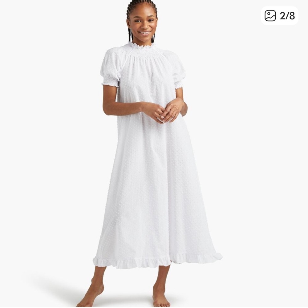 Hill House Caroline White Swiss Dot Maxi Nightdress with Ruffle Hem